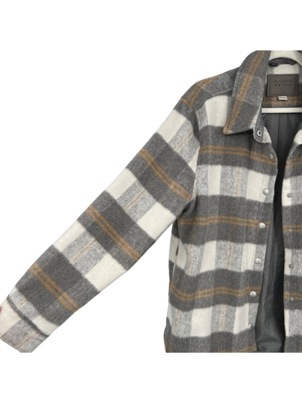 Blanknyc Plaid Shacket Jacket Gray Tan White Large Fleece Oversized Shirt Coat - Picture 3 of 14